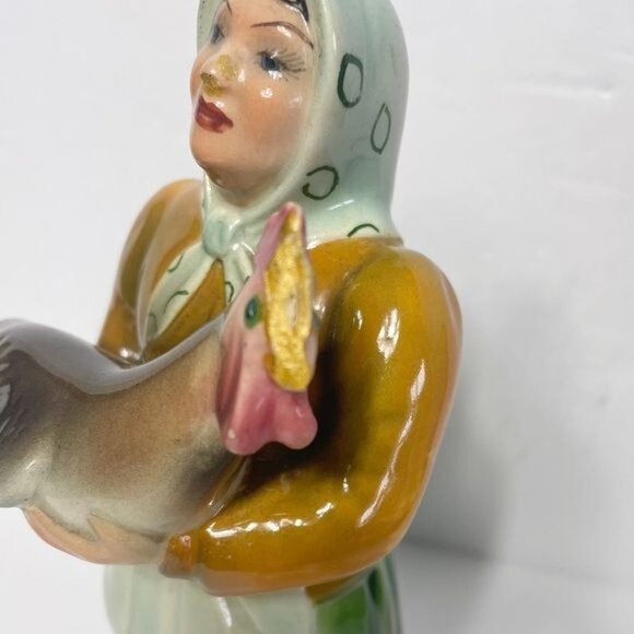 Vintage Triart Bassano Italian Art Deco Ceramic Peasant Woman Chicken 9" Tall - Picture 8 of 11